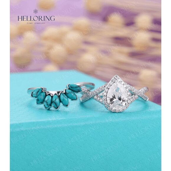 DIAMOND PEAR MOISSANITE TWISTED  WEDDING ENGAGEMENT RING/GUARD - Picture 4 of 5